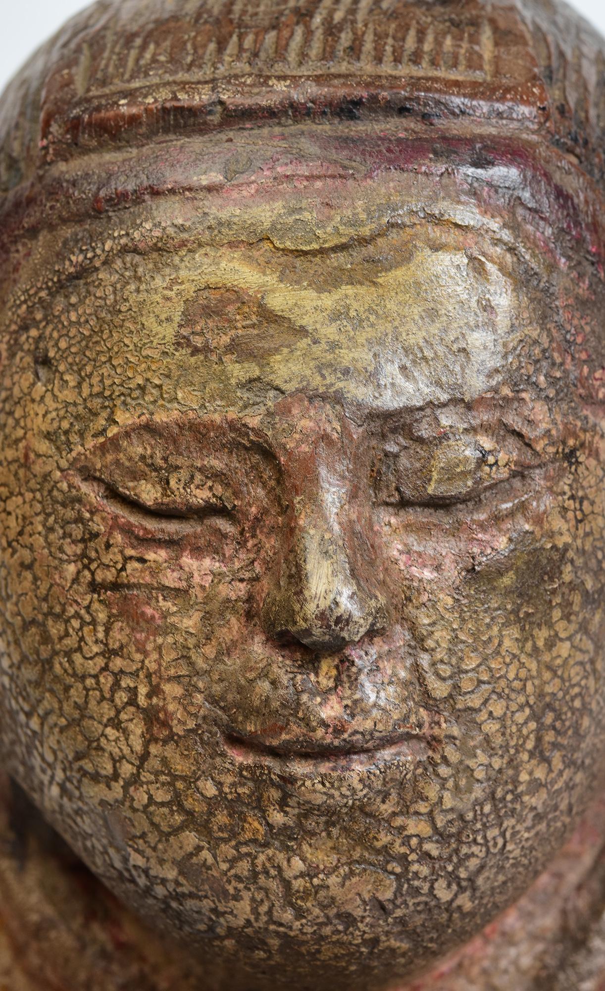 Hand-Painted 19th Century, Mandalay, Antique Burmese Wooden Seated Figure For Sale