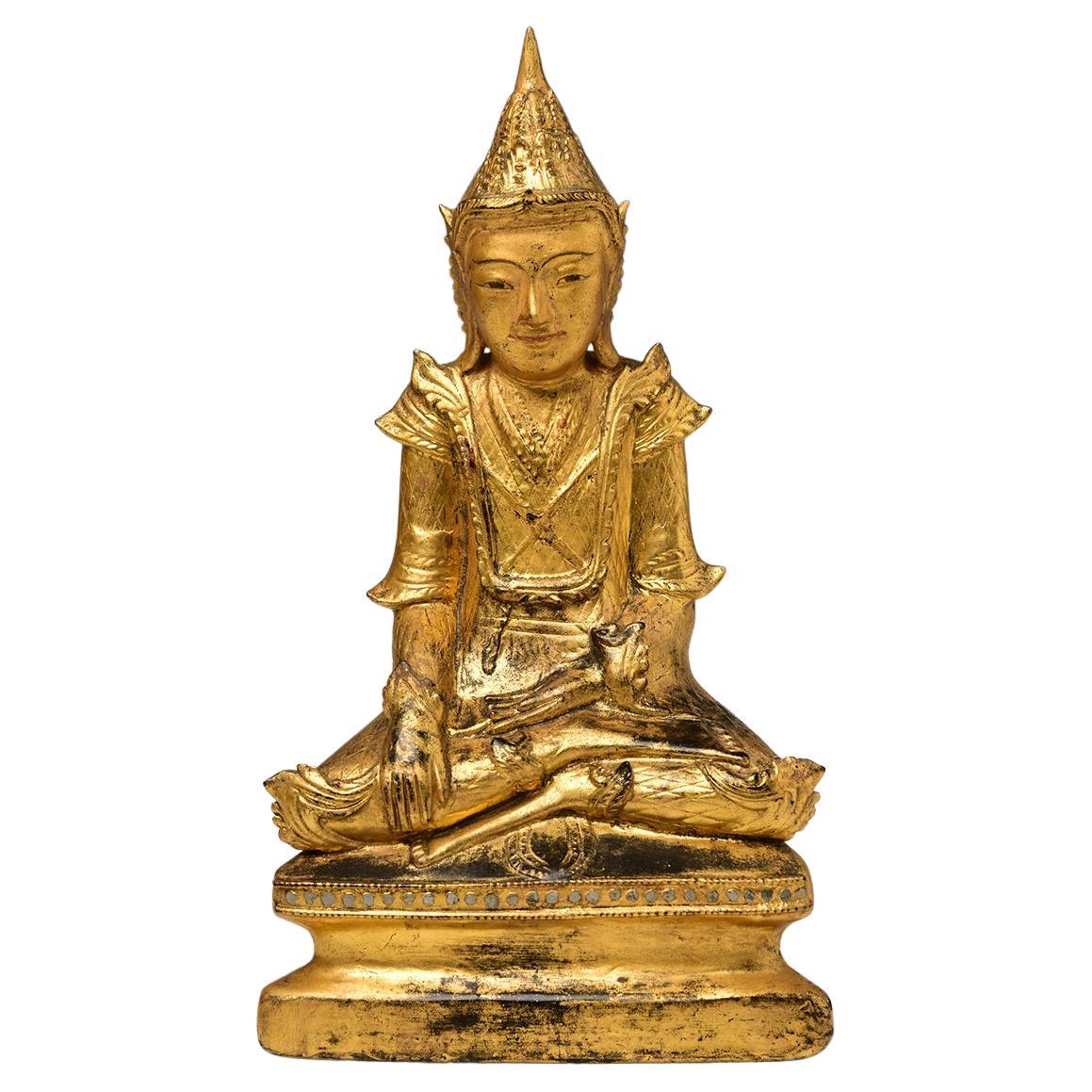 19th Century, Mandalay, Antique Burmese Wooden Seated King Crowned Buddha