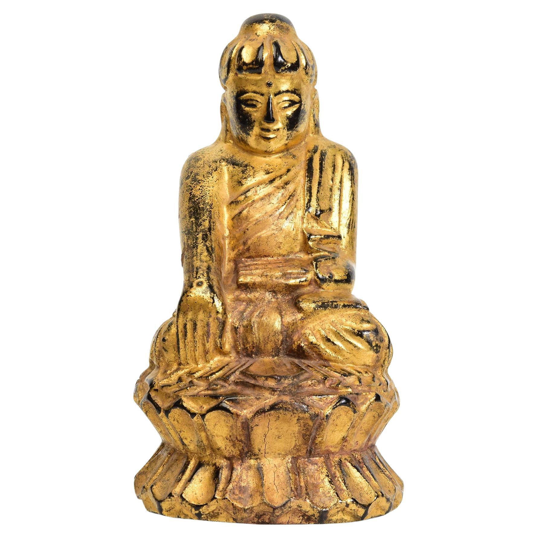 19th Century, Mandalay, Antique Burmese Wooden Seated Lotus Buddha For Sale