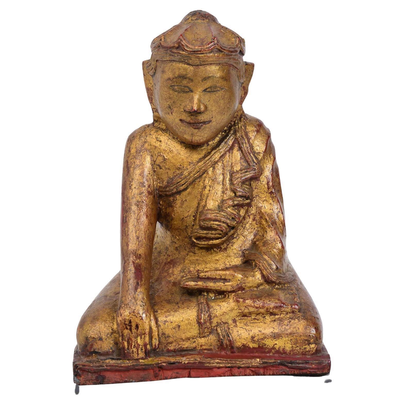 19e siècle, Mandalay, Ancien Bouddha Lotus assis en bois birman