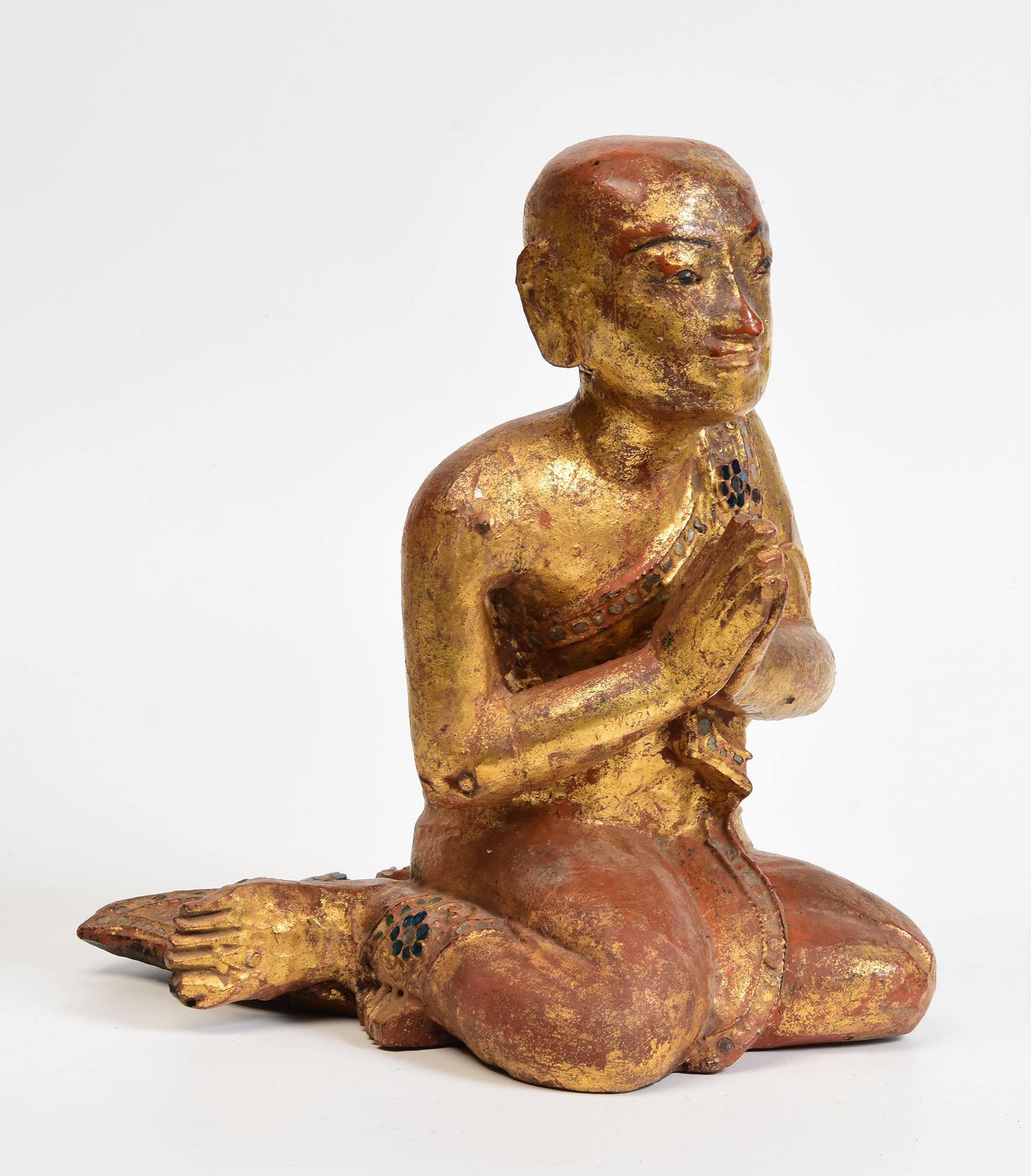 19th Century, Mandalay, Antique Burmese Wooden Seated Monk / Disciple For Sale 7