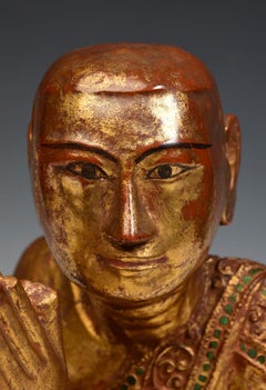19th Century, Mandalay, Antique Burmese Wooden Seated Monk / Disciple