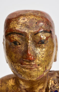 19th Century, Mandalay, Antique Burmese Wooden Seated Monk / Disciple