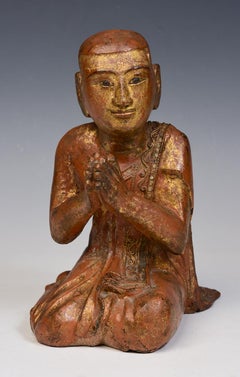 19th Century, Mandalay, Antique Burmese Wooden Seated Monk / Disciple