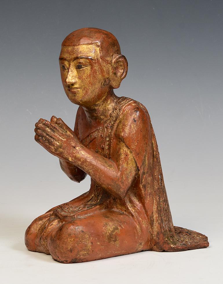 Hand-Crafted 19th Century, Mandalay, Antique Burmese Wooden Seated Monk / Disciple For Sale