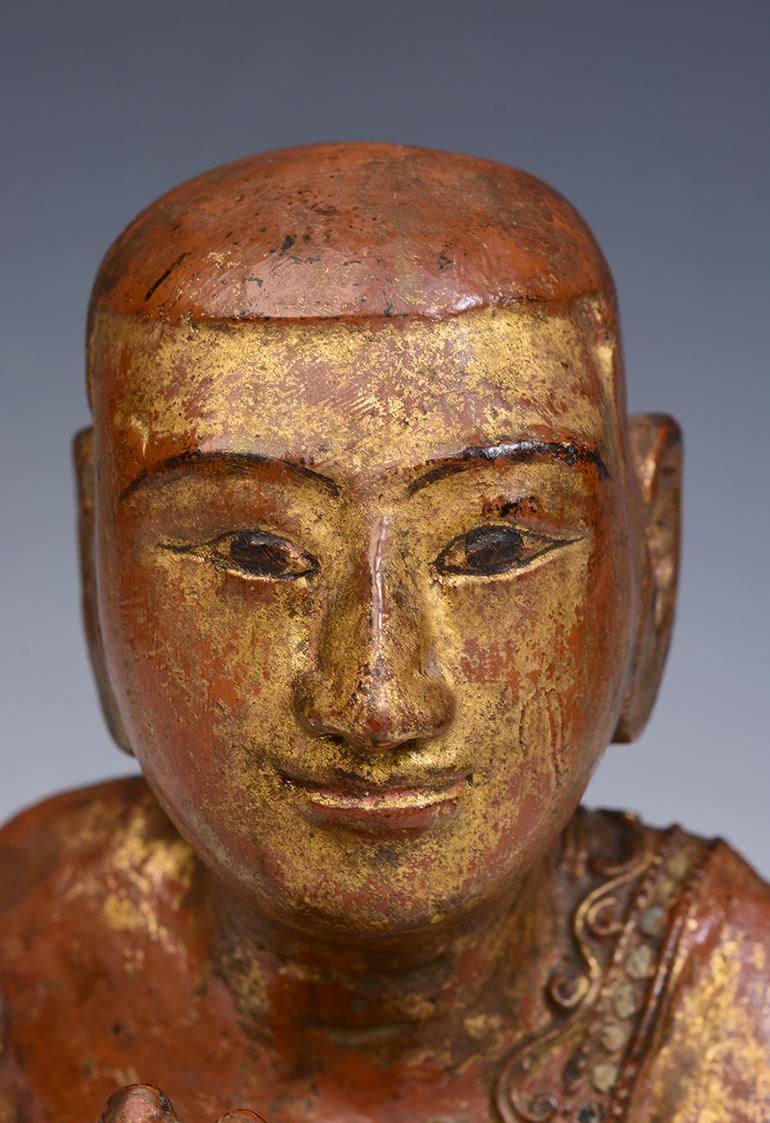 Hand-Carved 19th Century, Mandalay, Antique Burmese Wooden Seated Monk / Disciple For Sale