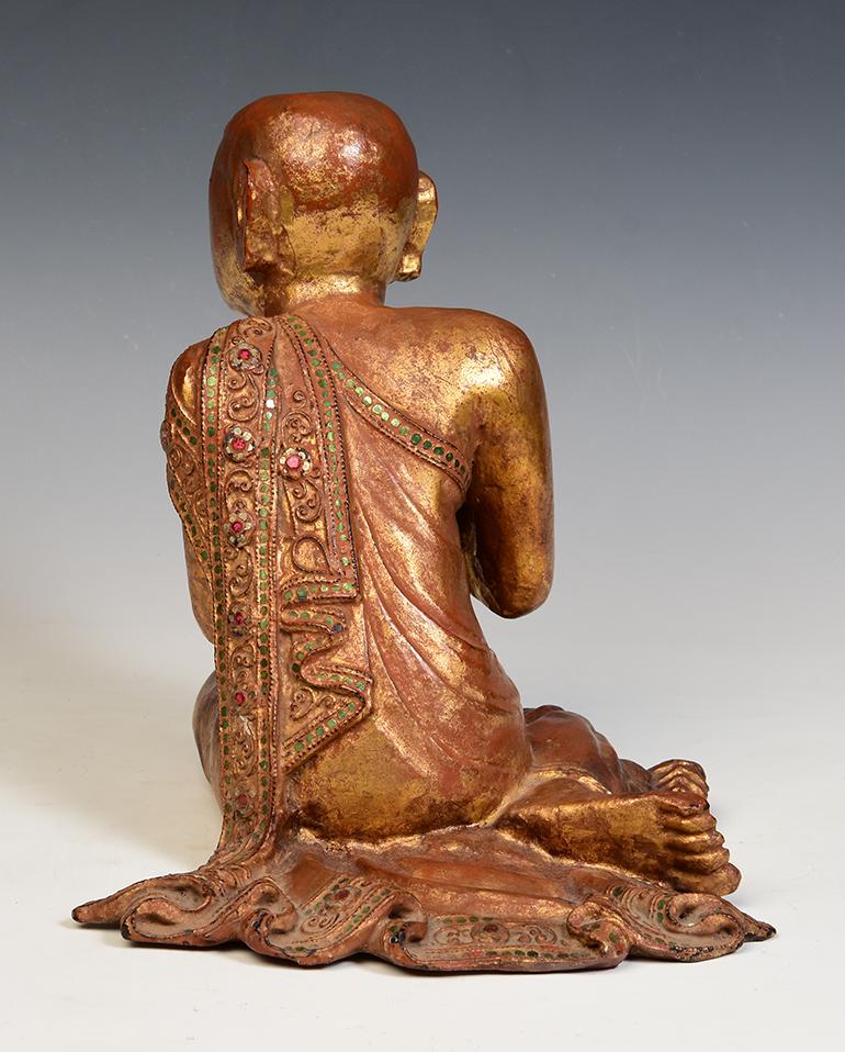 19th Century, Mandalay, Antique Burmese Wooden Seated Monk / Disciple For Sale 3