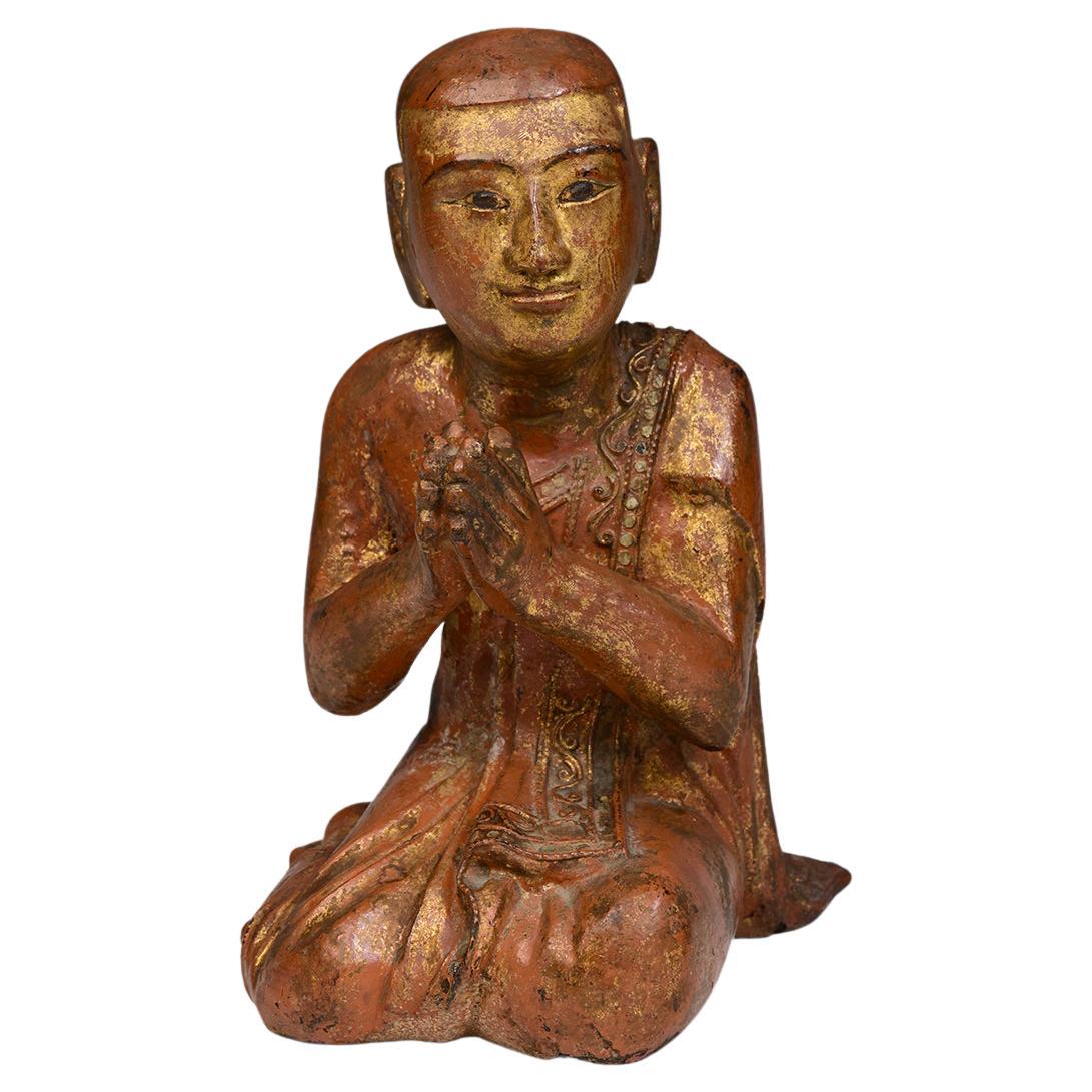 19th Century, Mandalay, Antique Burmese Wooden Seated Monk / Disciple For Sale