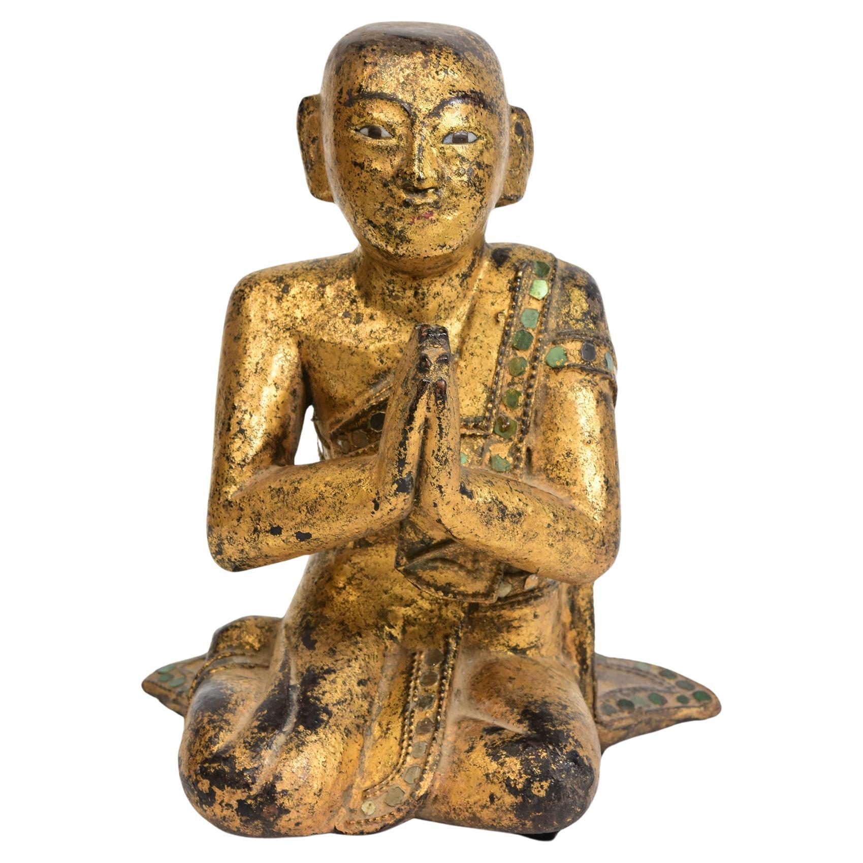 19th Century, Mandalay, Antique Burmese Wooden Seated Monk / Disciple For Sale