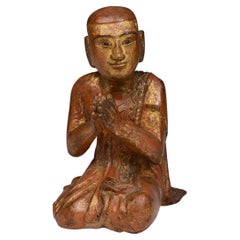 19th Century, Mandalay, Antique Burmese Wooden Seated Monk / Disciple