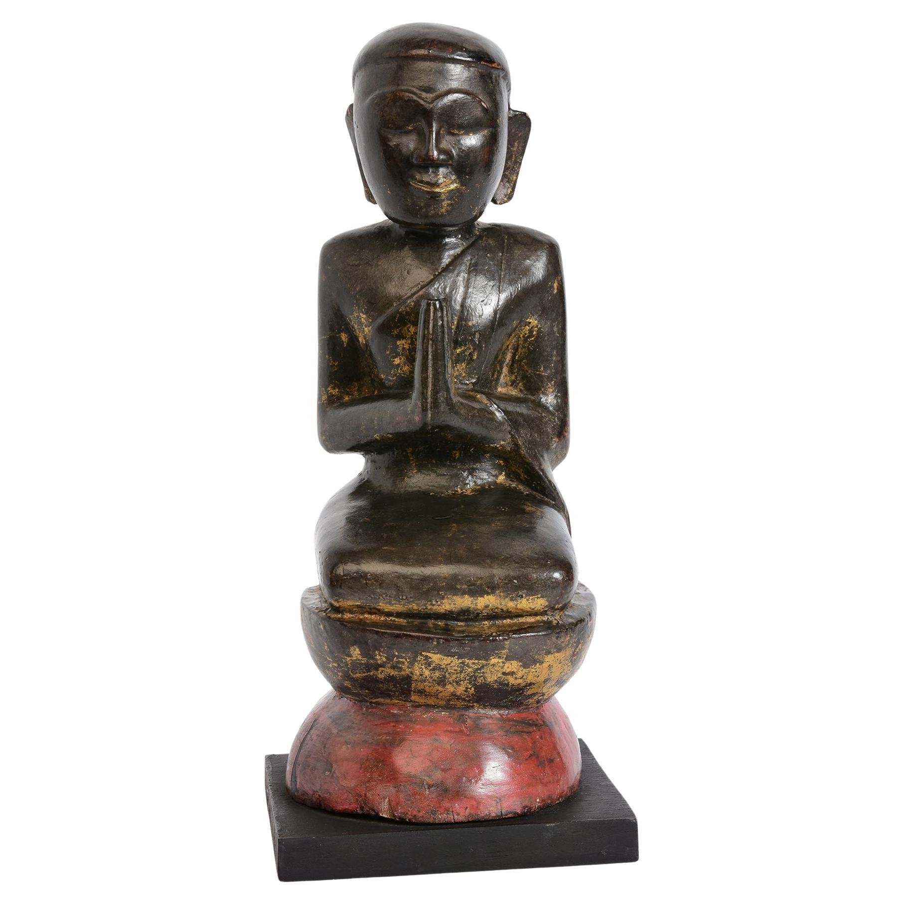 19th Century, Antique Burmese Wooden Seated Monk / Disciple For Sale
