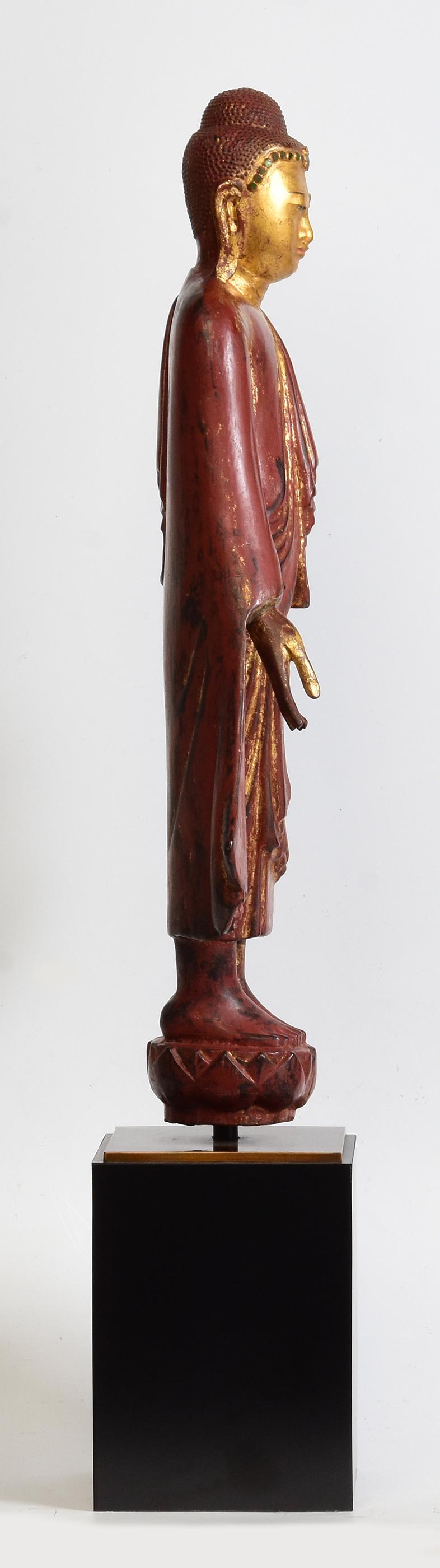 19th Century, Mandalay, Antique Burmese Wooden Standing Buddha For Sale 7