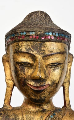 19th Century, Mandalay, Antique Burmese Wooden Standing Buddha