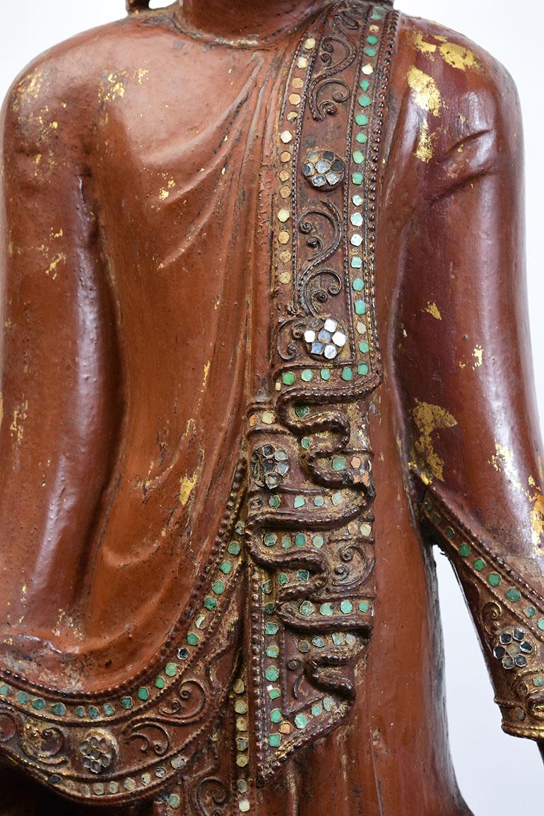 Hand-Carved 19th Century, Mandalay, Antique Burmese Wooden Standing Buddha