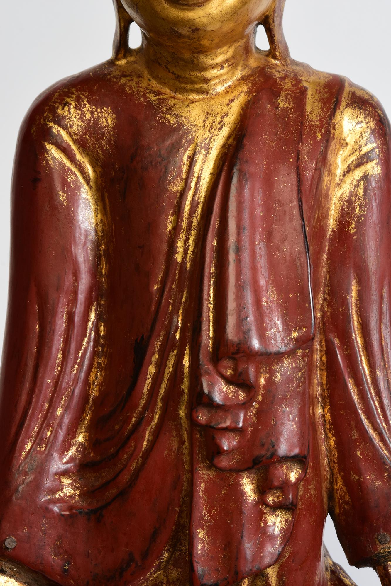 Hand-Carved 19th Century, Mandalay, Antique Burmese Wooden Standing Buddha For Sale