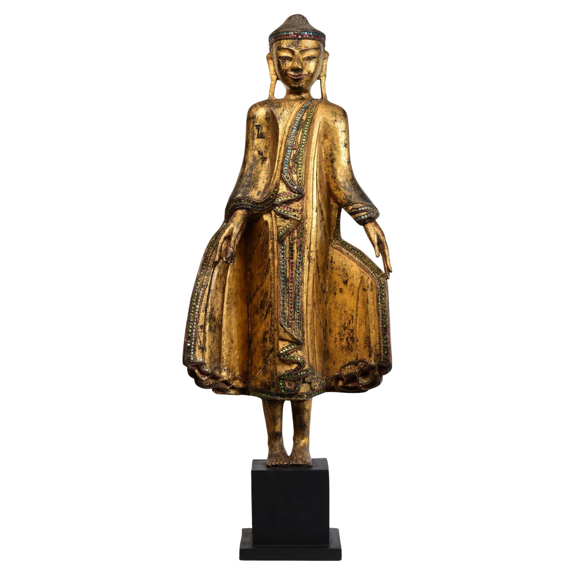 19th Century, Mandalay, Antique Burmese Wooden Standing Buddha
