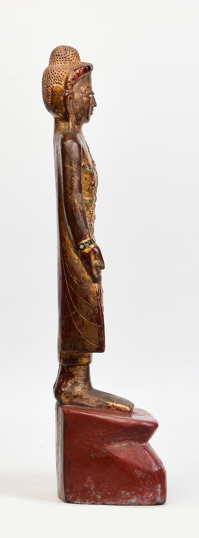 Bouddha Debout Mandalay Birman - Statue En Bois Doré Incrusté - Occasion