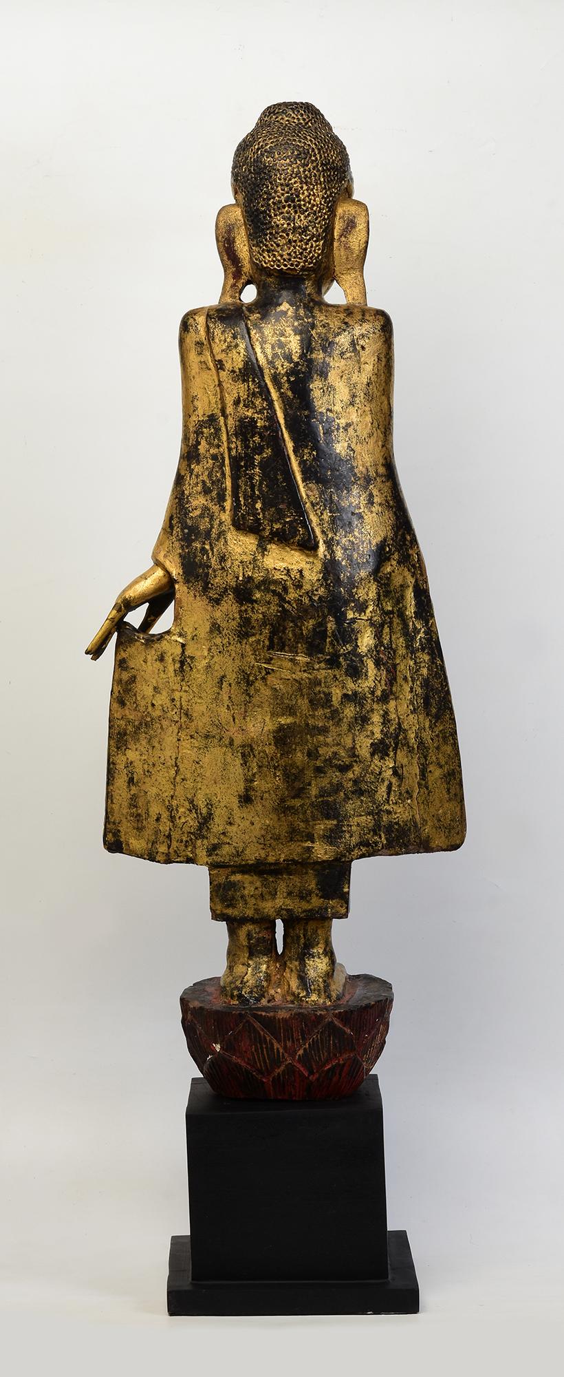 19th Century, Mandalay, Antique Burmese Wooden Standing Buddha with Gilded Gold For Sale 6