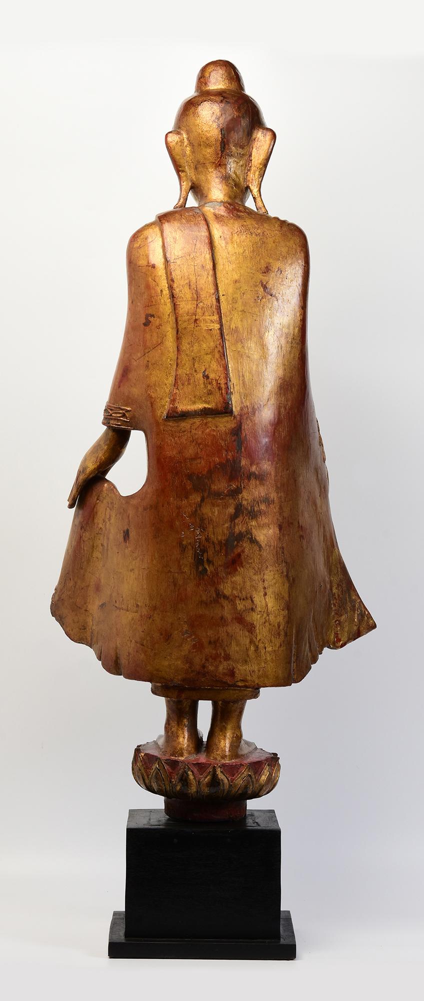 19th Century, Mandalay, Antique Burmese Wooden Standing Buddha with Gilded Gold For Sale 6