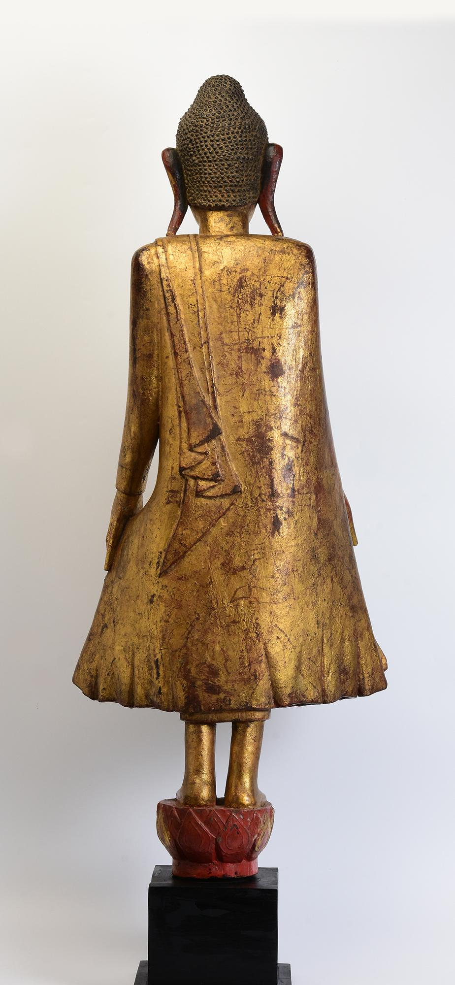 19th Century, Mandalay, Antique Burmese Wooden Standing Buddha with Gilded Gold For Sale 6