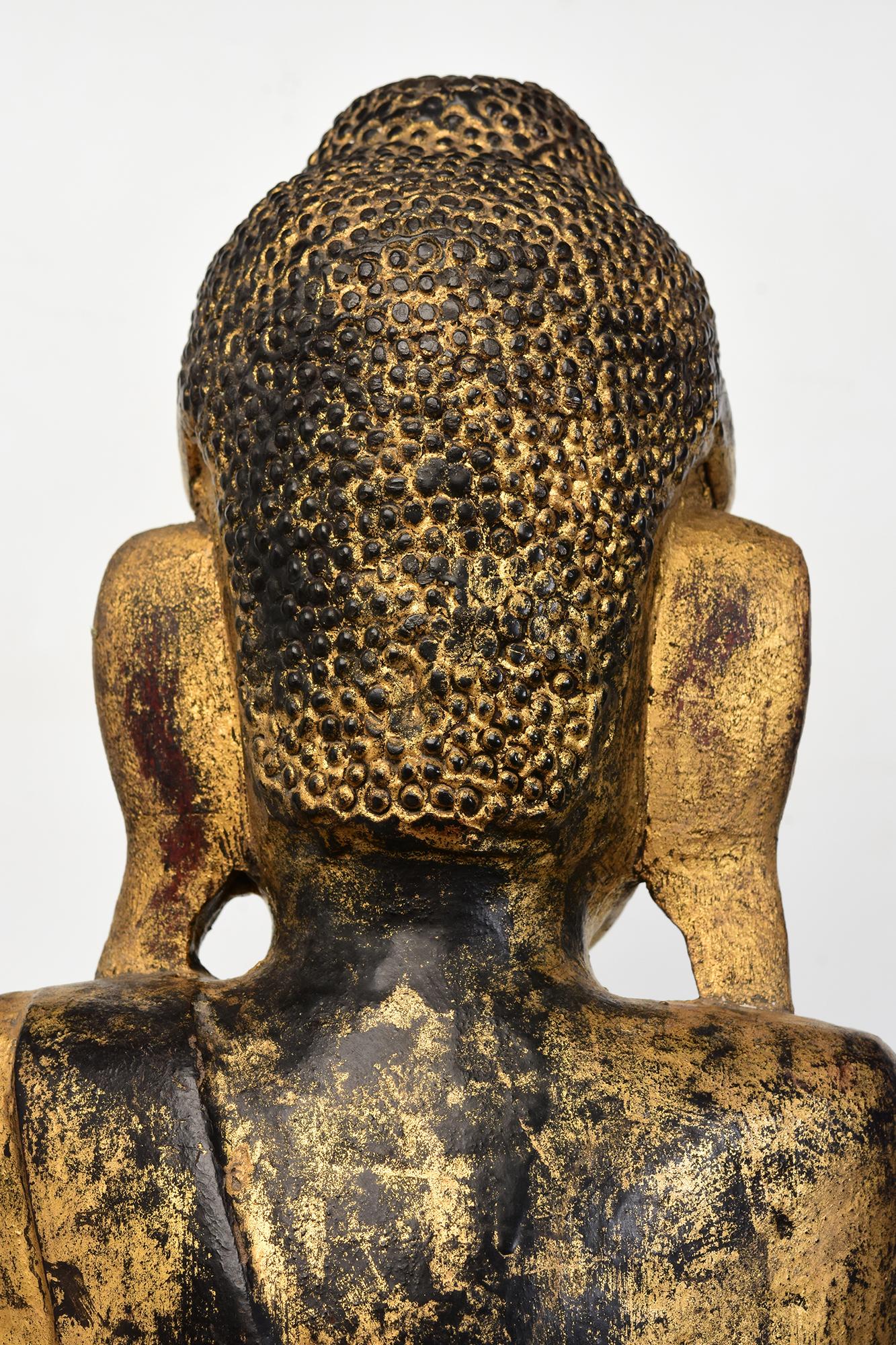 19th Century, Mandalay, Antique Burmese Wooden Standing Buddha with Gilded Gold For Sale 7