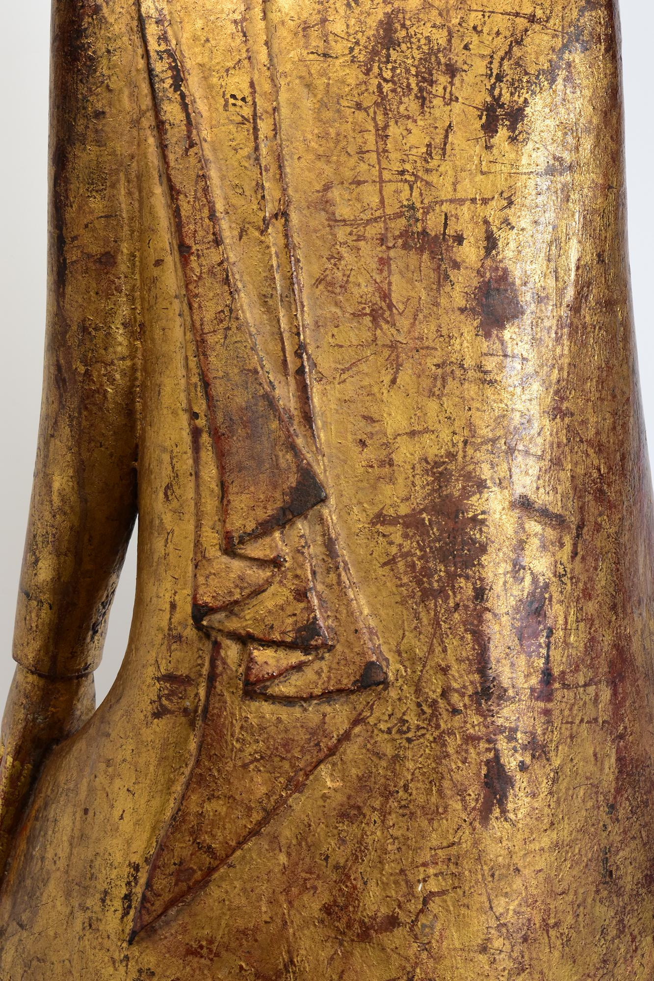 19th Century, Mandalay, Antique Burmese Wooden Standing Buddha with Gilded Gold For Sale 7