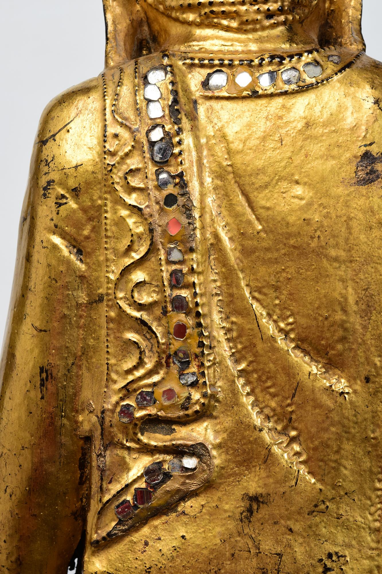 19th Century, Mandalay, Antique Burmese Wooden Standing Buddha with Gilded Gold For Sale 8