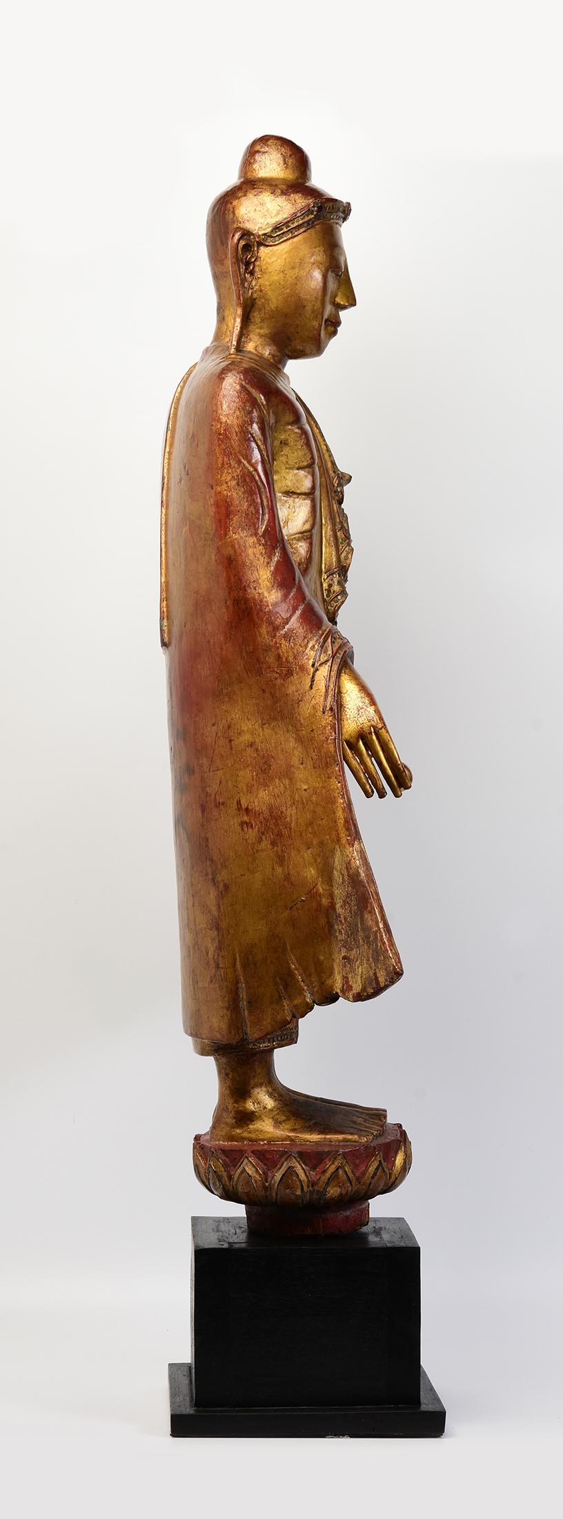 19th Century, Mandalay, Antique Burmese Wooden Standing Buddha with Gilded Gold For Sale 8