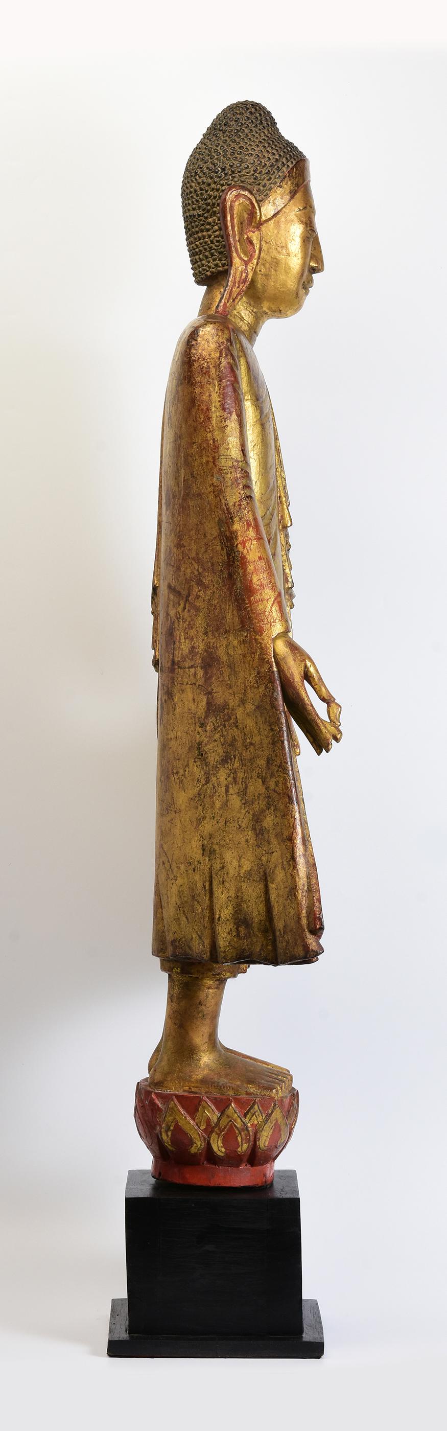 19th Century, Mandalay, Antique Burmese Wooden Standing Buddha with Gilded Gold For Sale 8