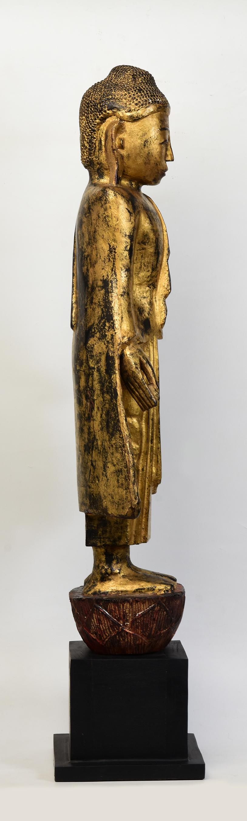 19th Century, Mandalay, Antique Burmese Wooden Standing Buddha with Gilded Gold For Sale 9