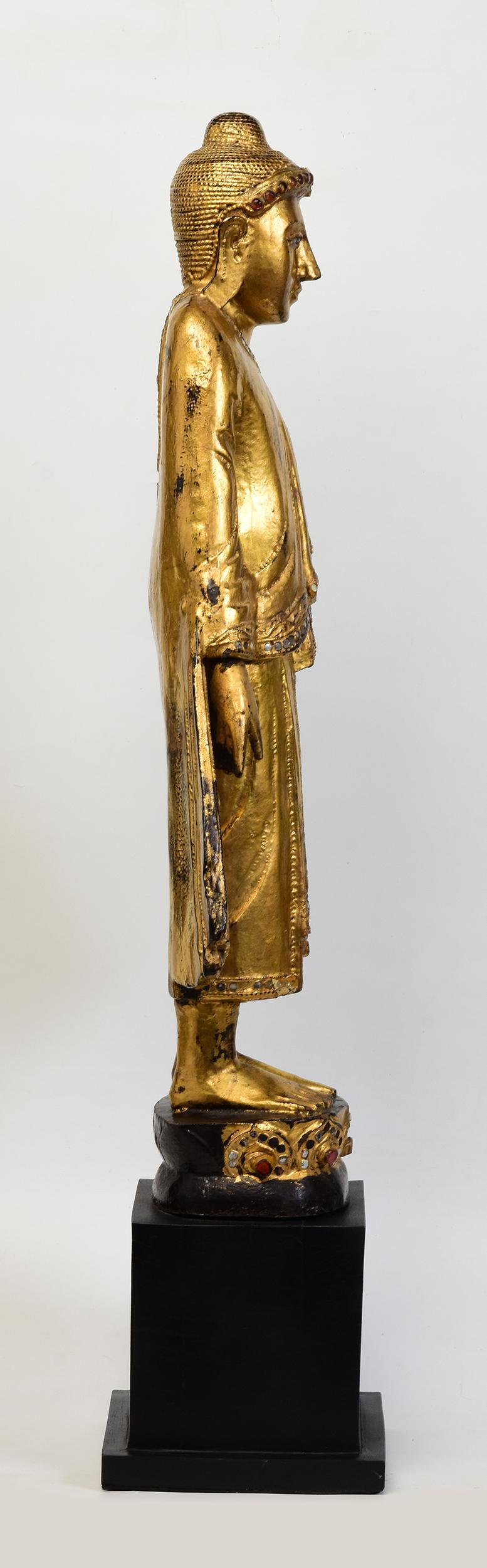 19th Century, Mandalay, Antique Burmese Wooden Standing Buddha with Gilded Gold For Sale 9
