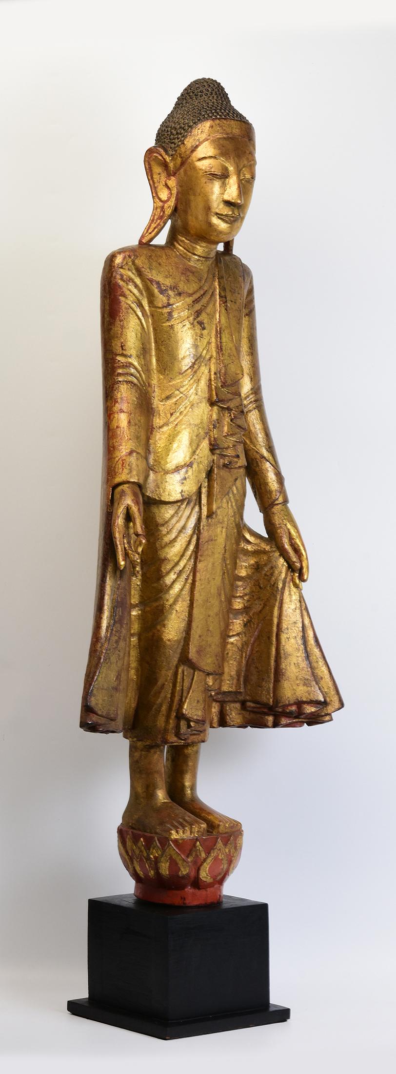 19th Century, Mandalay, Antique Burmese Wooden Standing Buddha with Gilded Gold For Sale 9