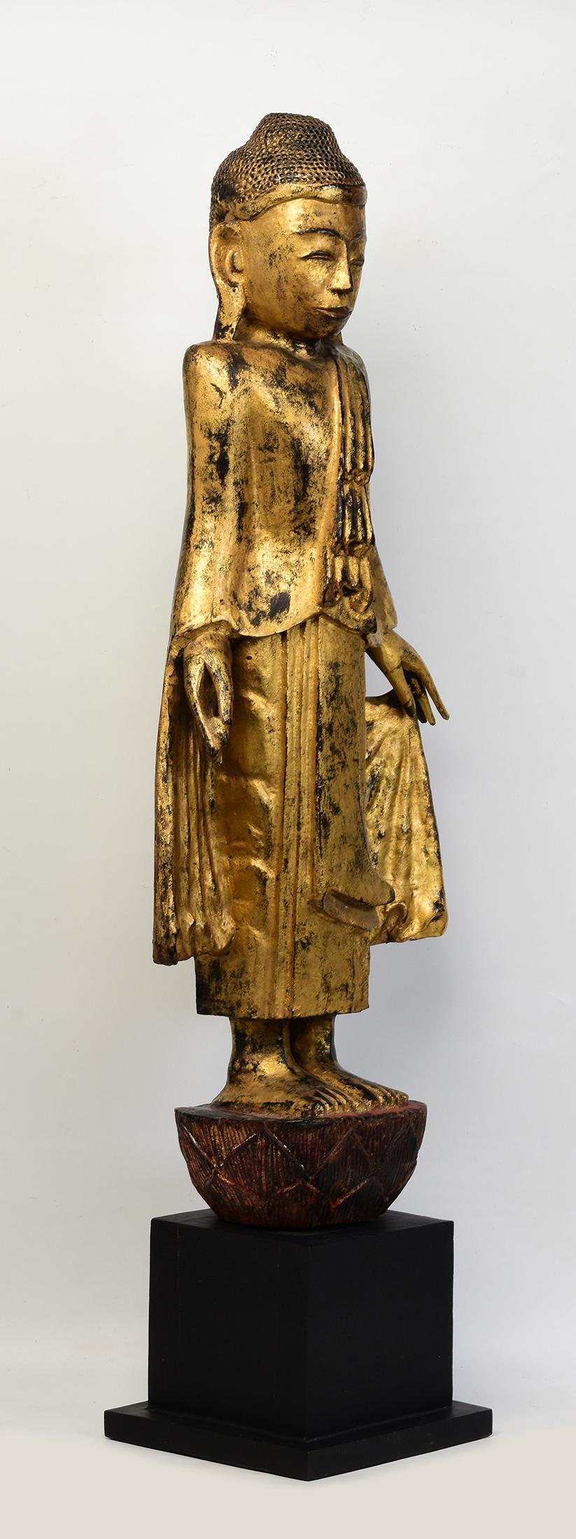 19th Century, Mandalay, Antique Burmese Wooden Standing Buddha with Gilded Gold For Sale 10
