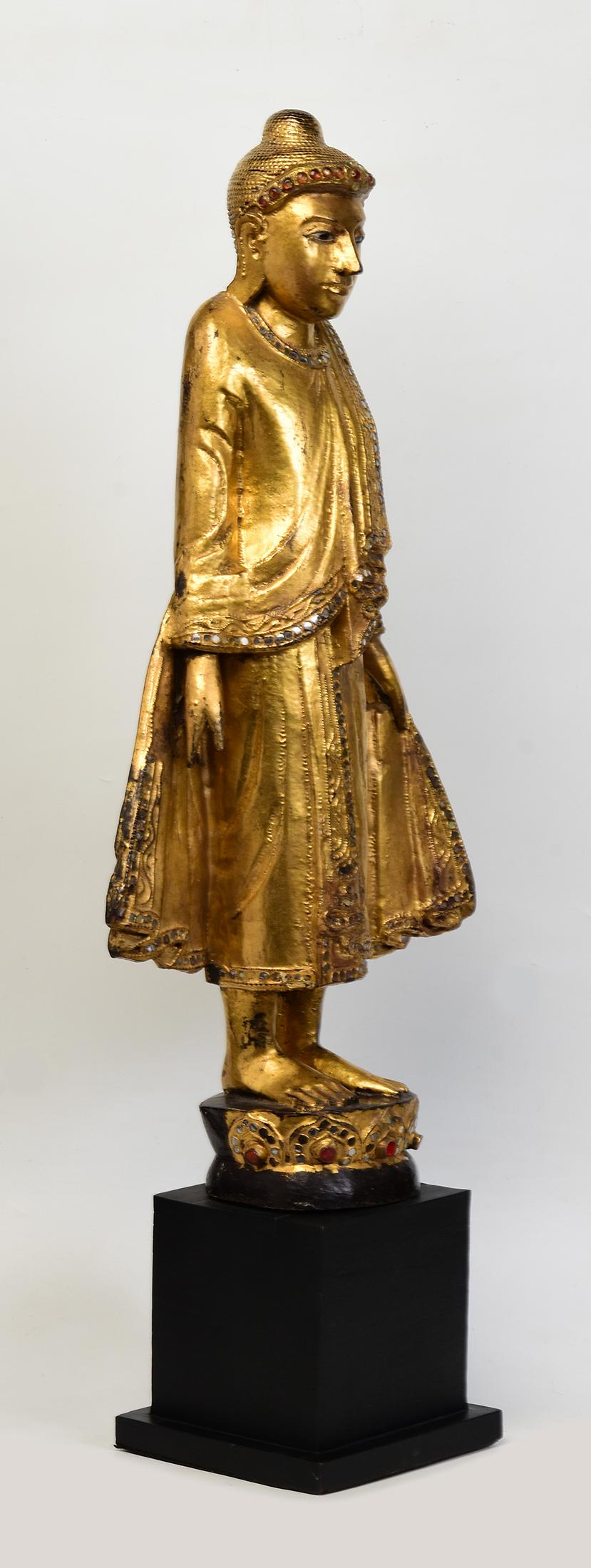 19th Century, Mandalay, Antique Burmese Wooden Standing Buddha with Gilded Gold For Sale 10