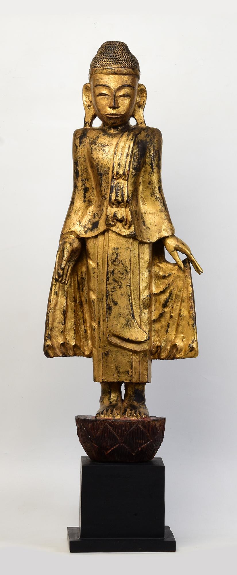 19th Century, Mandalay, Antique Burmese Wooden Standing Buddha with Gilded Gold For Sale 11