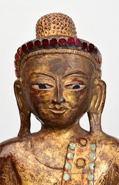 19th Century, Mandalay, Antique Burmese Wooden Standing Buddha with Gilded Gold