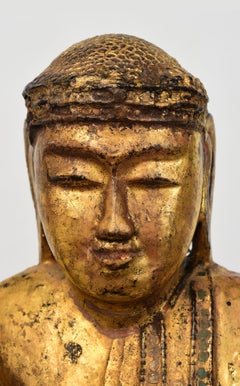 19th Century, Mandalay, Antique Burmese Wooden Standing Buddha with Gilded Gold