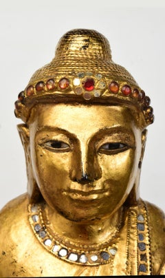 19th Century, Mandalay, Antique Burmese Wooden Standing Buddha with Gilded Gold