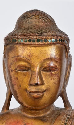 19th Century, Mandalay, Antique Burmese Wooden Standing Buddha with Gilded Gold