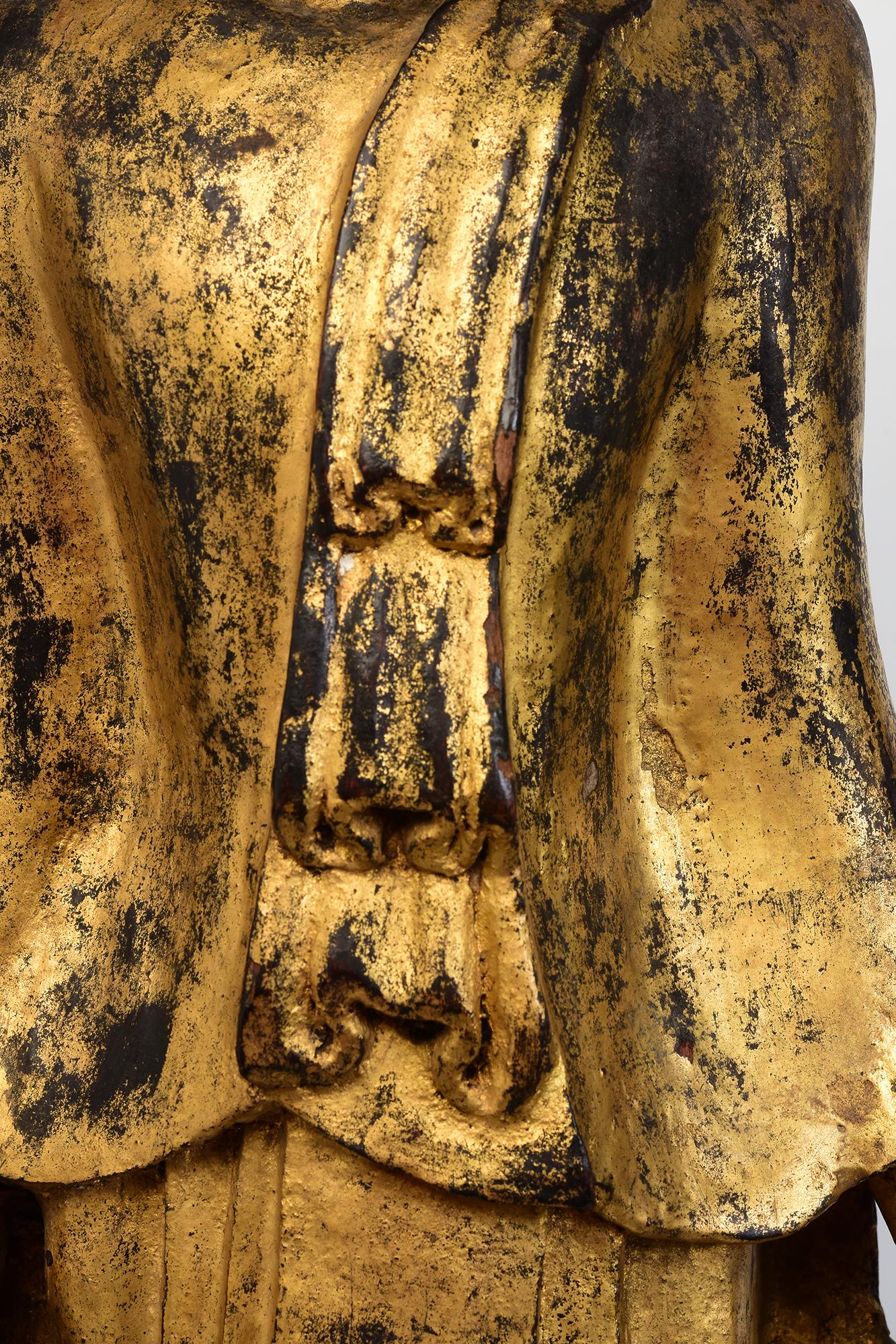 Hand-Carved 19th Century, Mandalay, Antique Burmese Wooden Standing Buddha with Gilded Gold For Sale