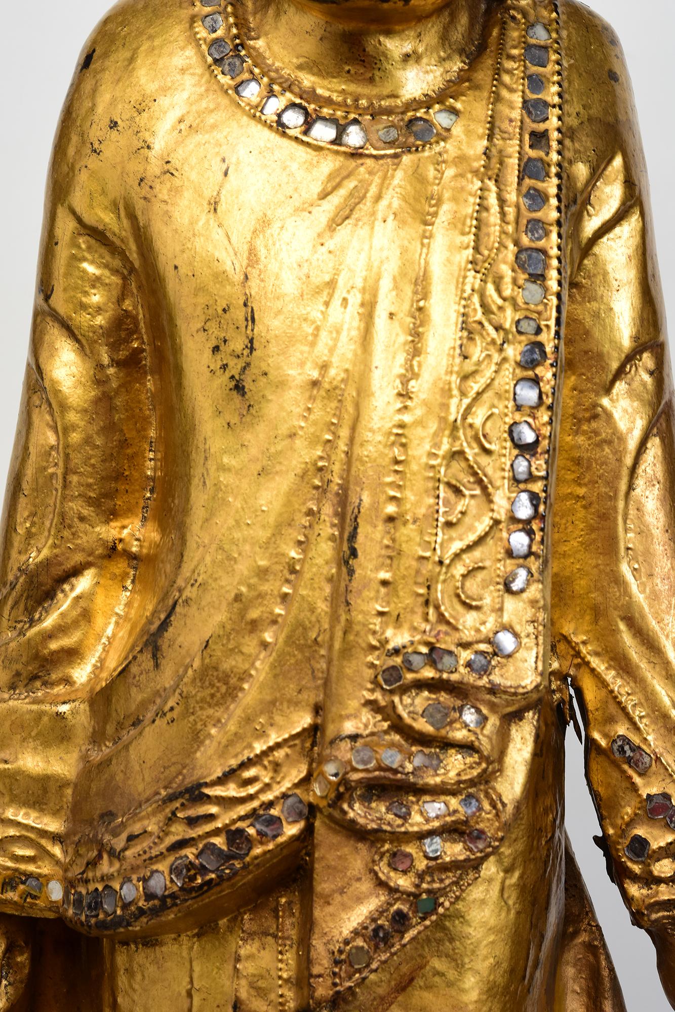 Hand-Carved 19th Century, Mandalay, Antique Burmese Wooden Standing Buddha with Gilded Gold For Sale