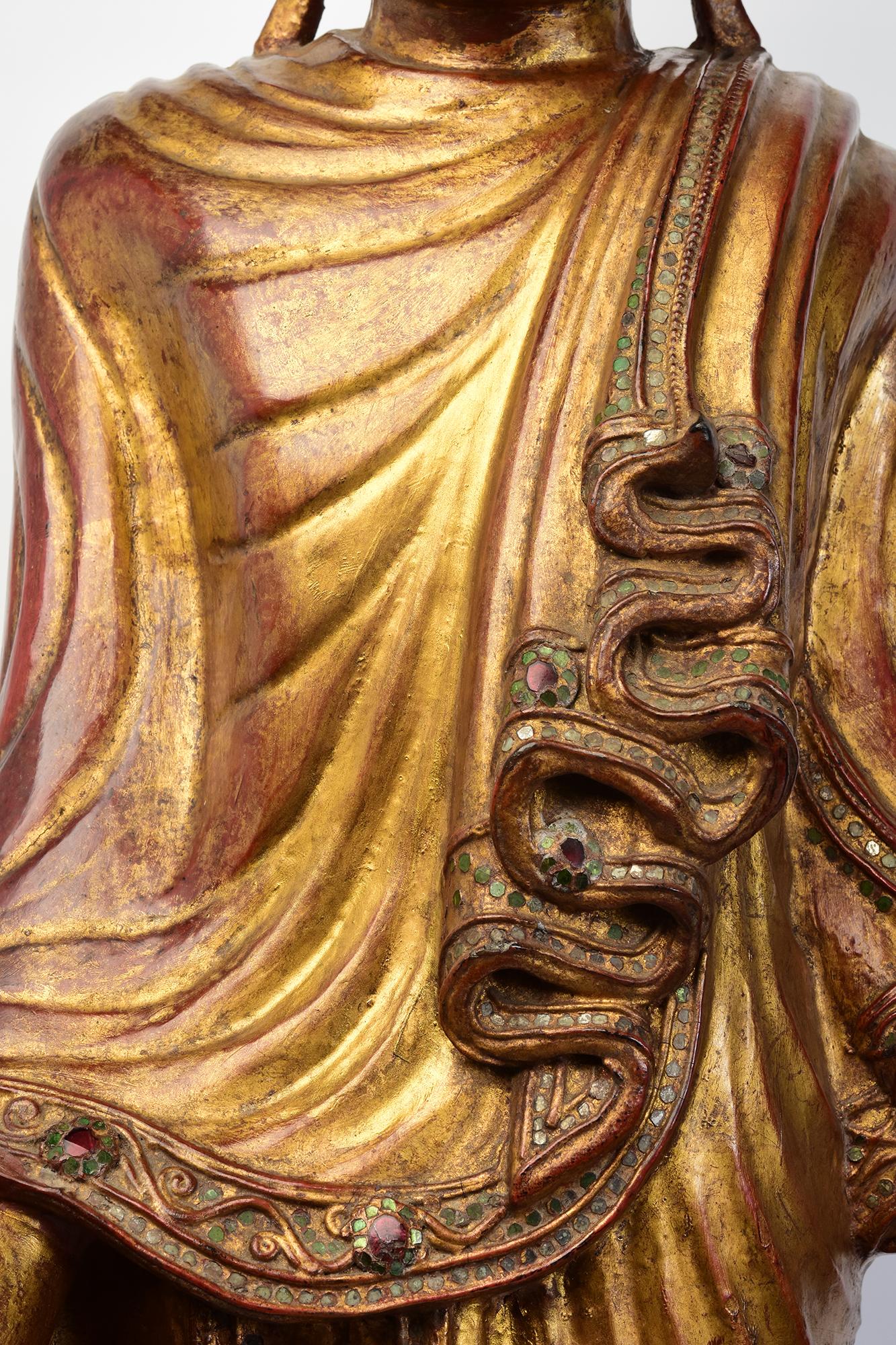 Hand-Carved 19th Century, Mandalay, Antique Burmese Wooden Standing Buddha with Gilded Gold For Sale
