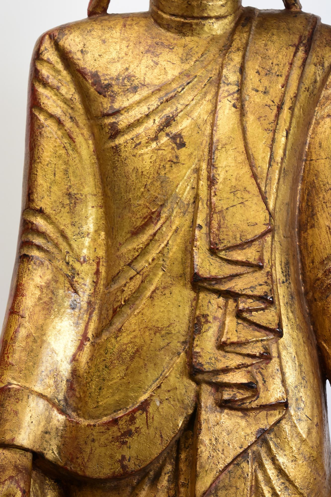 Hand-Carved 19th Century, Mandalay, Antique Burmese Wooden Standing Buddha with Gilded Gold For Sale