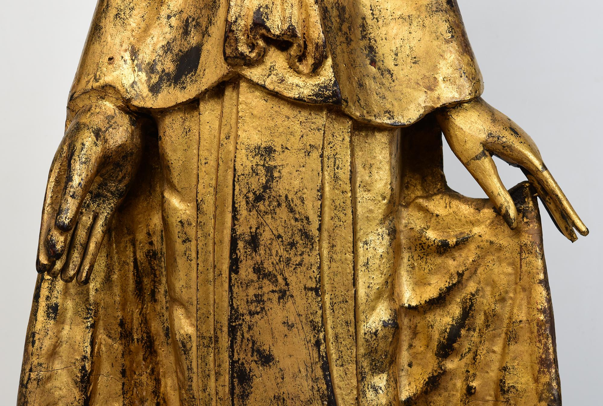 19th Century, Mandalay, Antique Burmese Wooden Standing Buddha with Gilded Gold In Good Condition For Sale In Sampantawong, TH