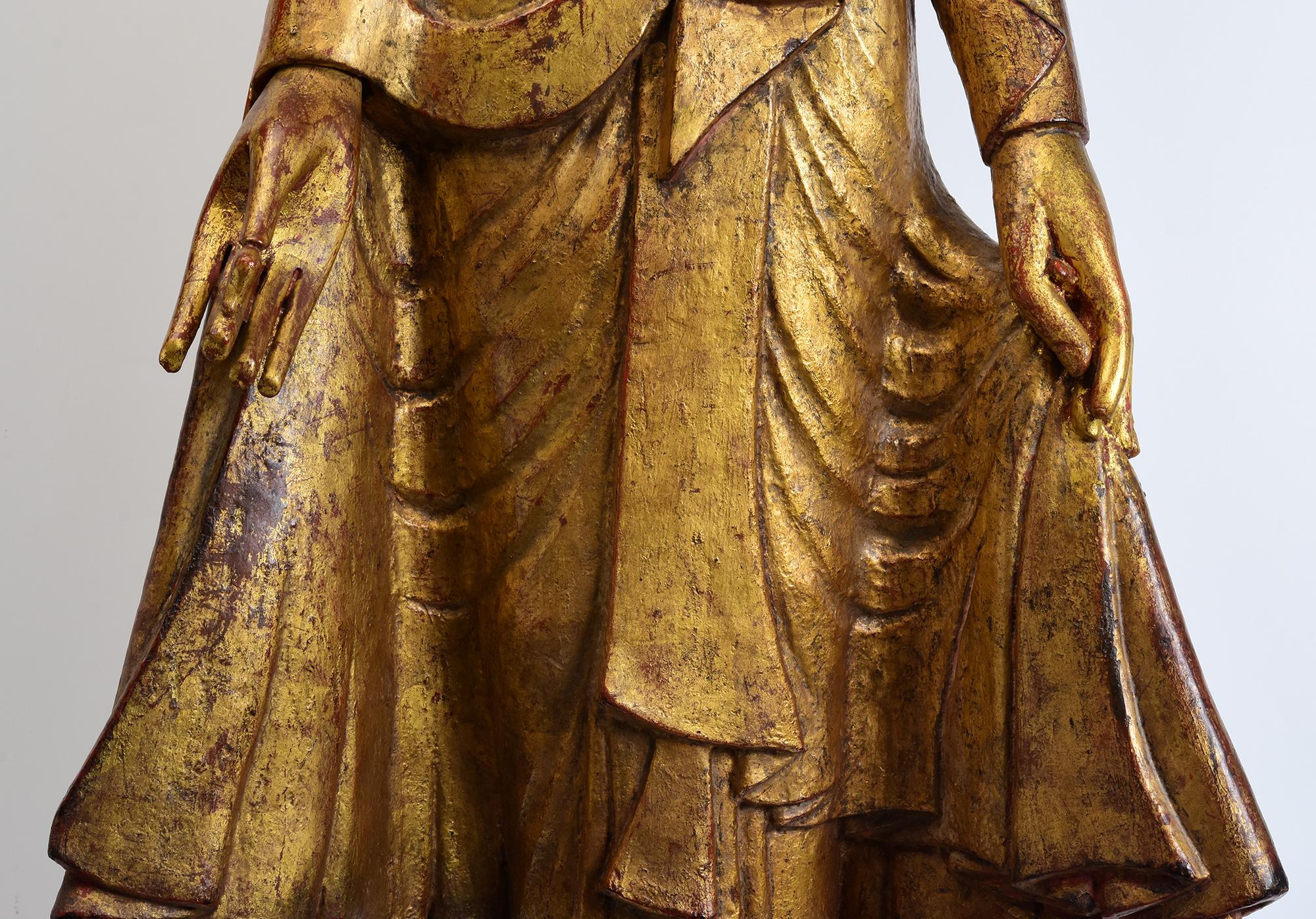 19th Century, Mandalay, Antique Burmese Wooden Standing Buddha with Gilded Gold In Good Condition For Sale In Sampantawong, TH