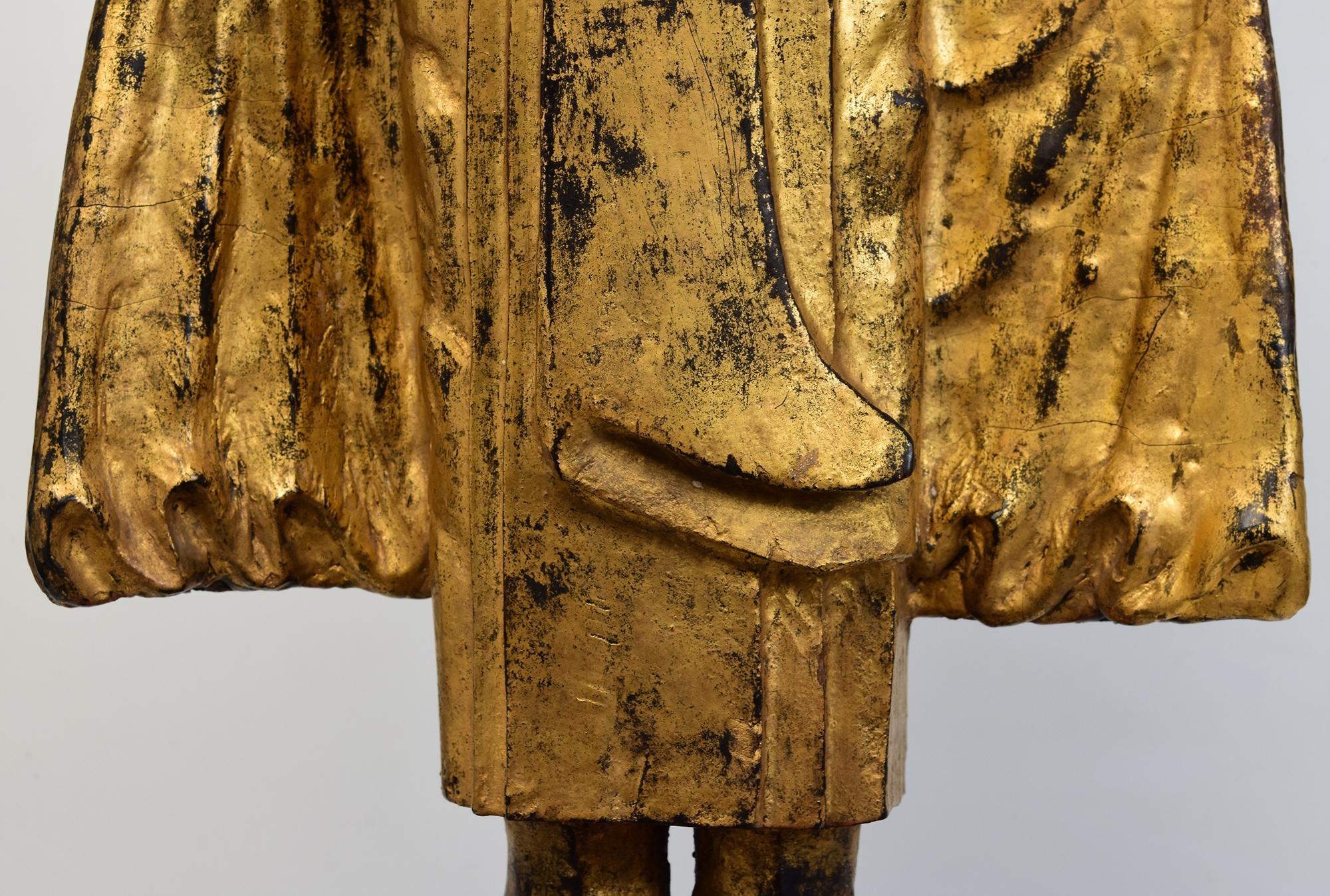 19th Century, Mandalay, Antique Burmese Wooden Standing Buddha with Gilded Gold For Sale 1