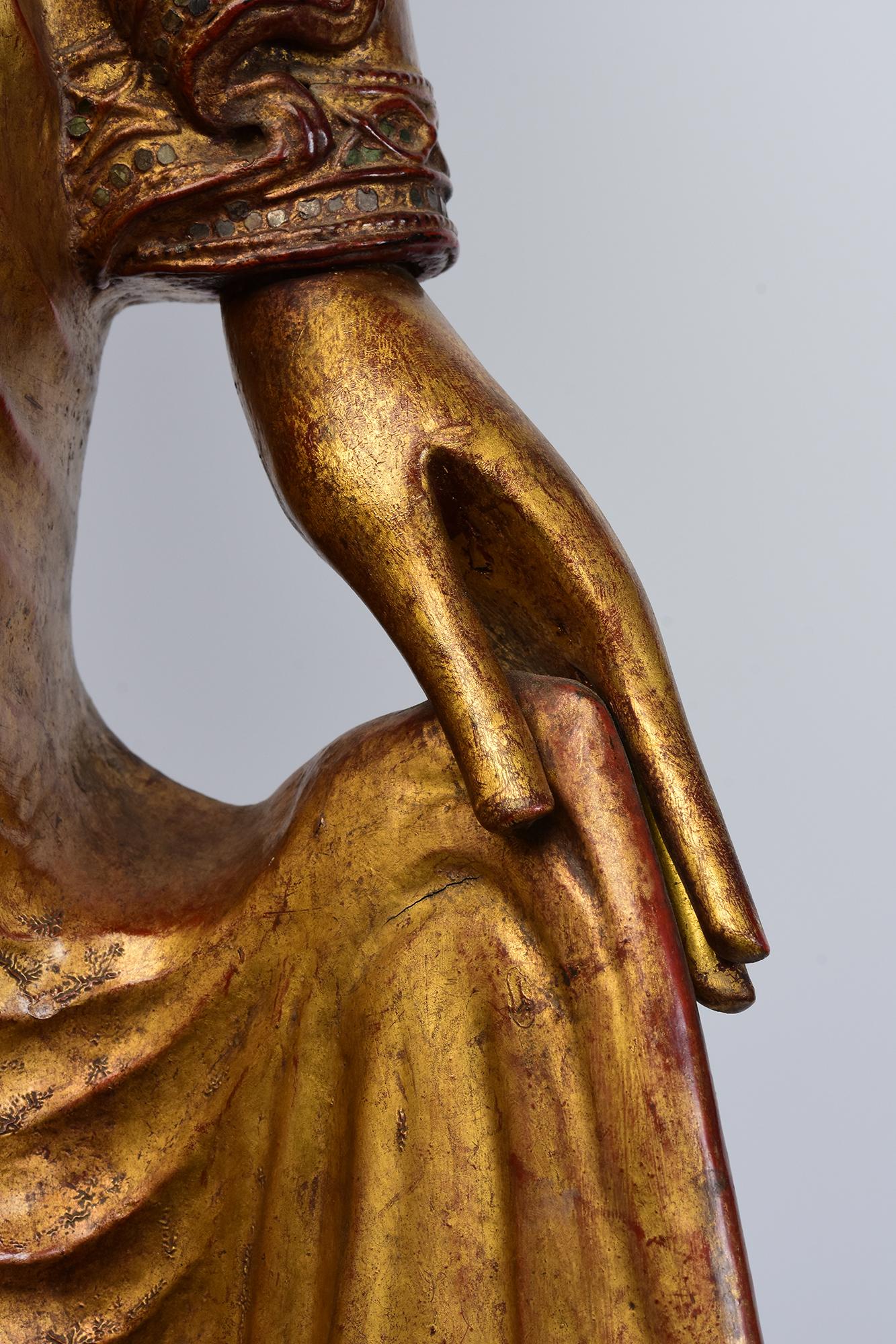 19th Century, Mandalay, Antique Burmese Wooden Standing Buddha with Gilded Gold For Sale 1