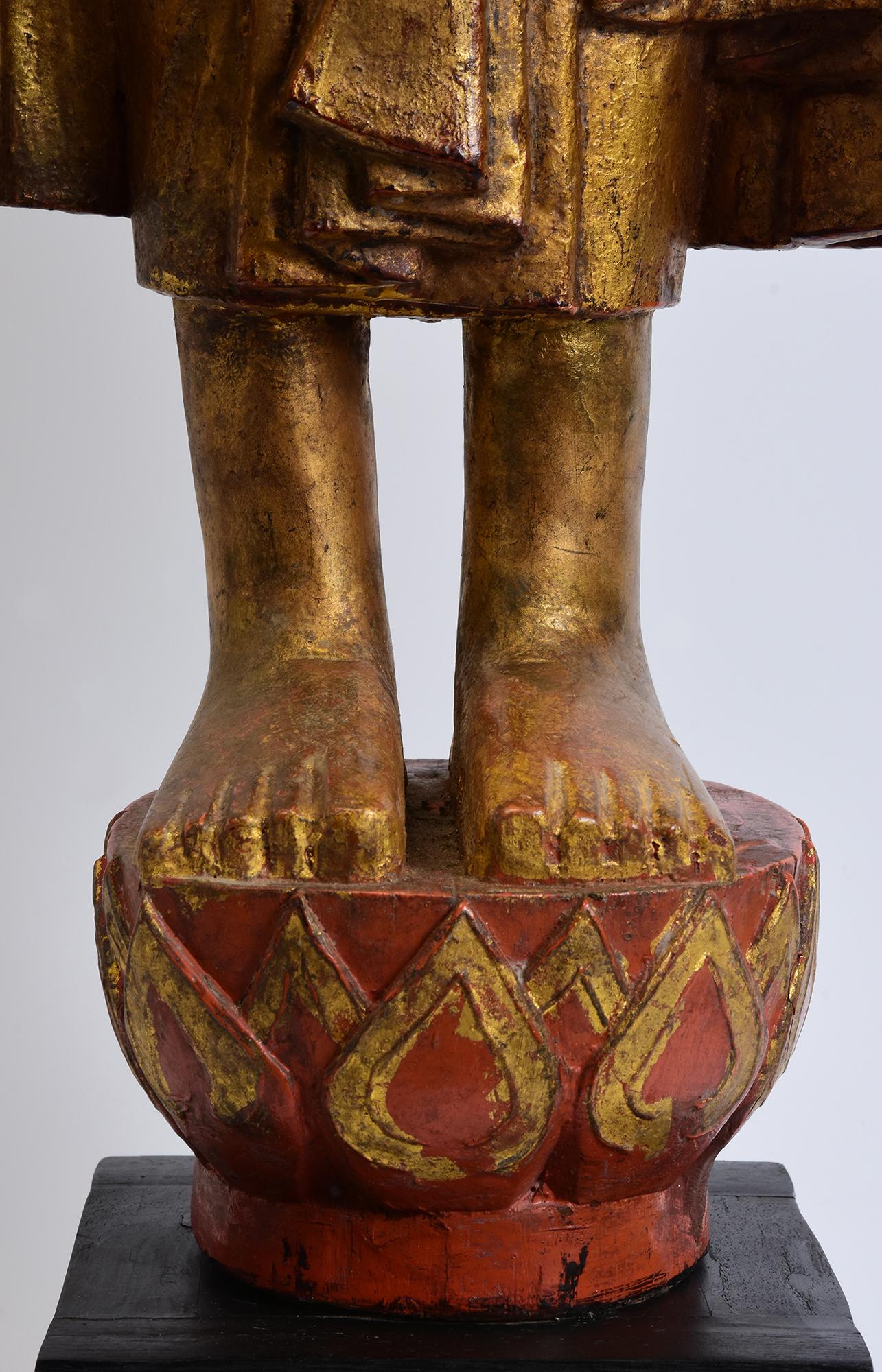 19th Century, Mandalay, Antique Burmese Wooden Standing Buddha with Gilded Gold For Sale 1