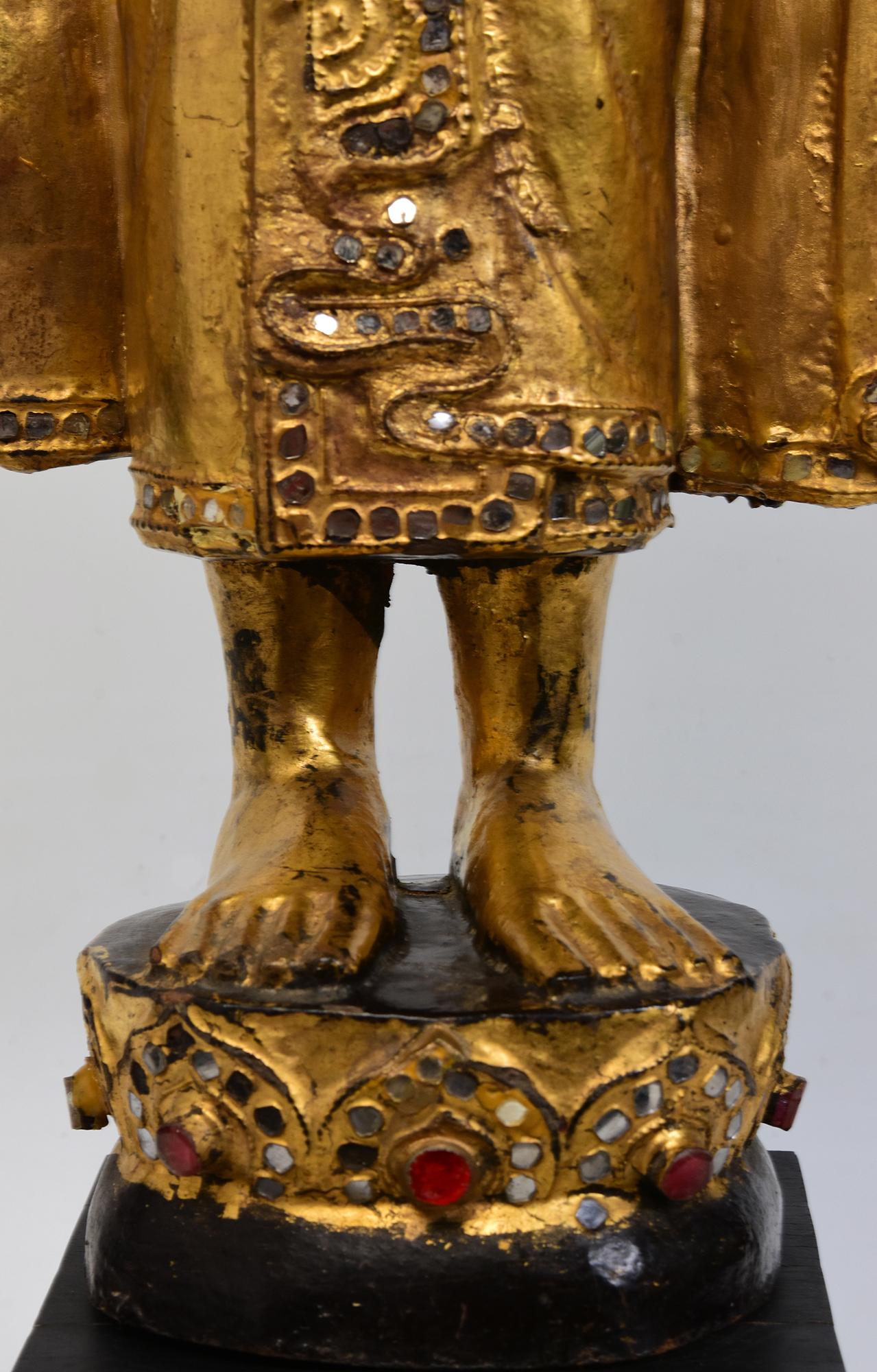 19th Century, Mandalay, Antique Burmese Wooden Standing Buddha with Gilded Gold For Sale 2