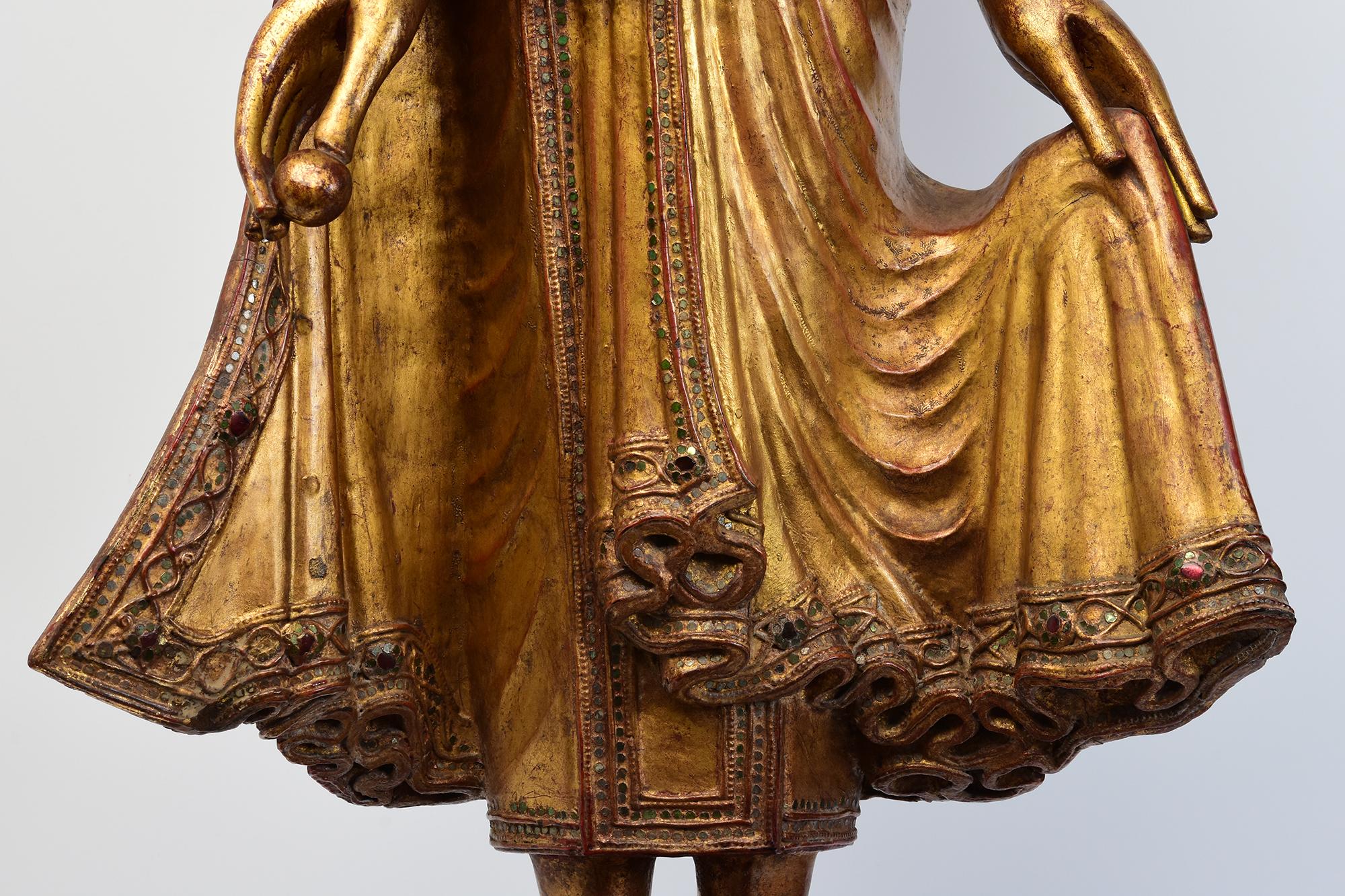 19th Century, Mandalay, Antique Burmese Wooden Standing Buddha with Gilded Gold For Sale 2